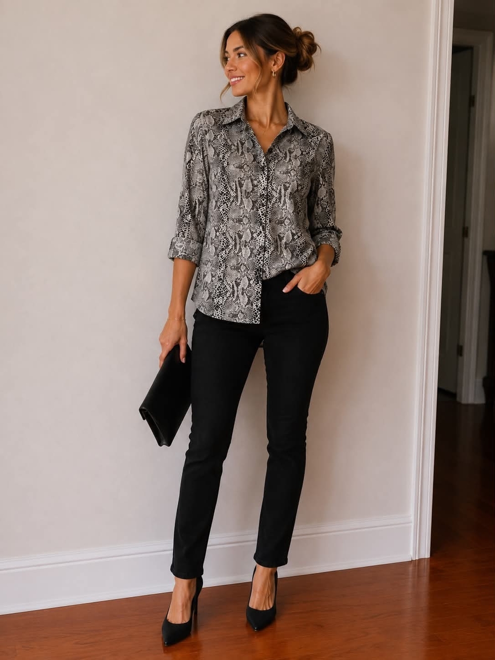 💯 % Silk Jones New York Signature Silk Animal-Print Blouse in Black and White